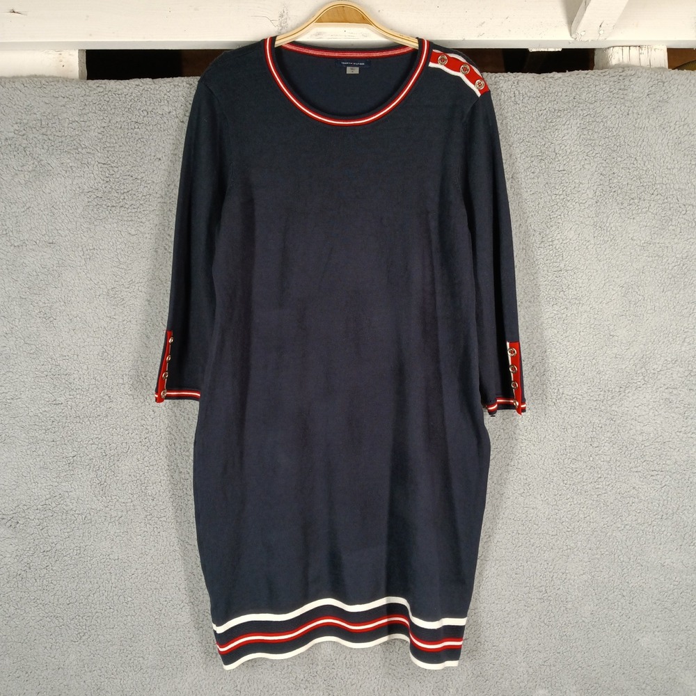 Tommy Hilfiger Navy Long Sleeve Dress with Red and White Accents